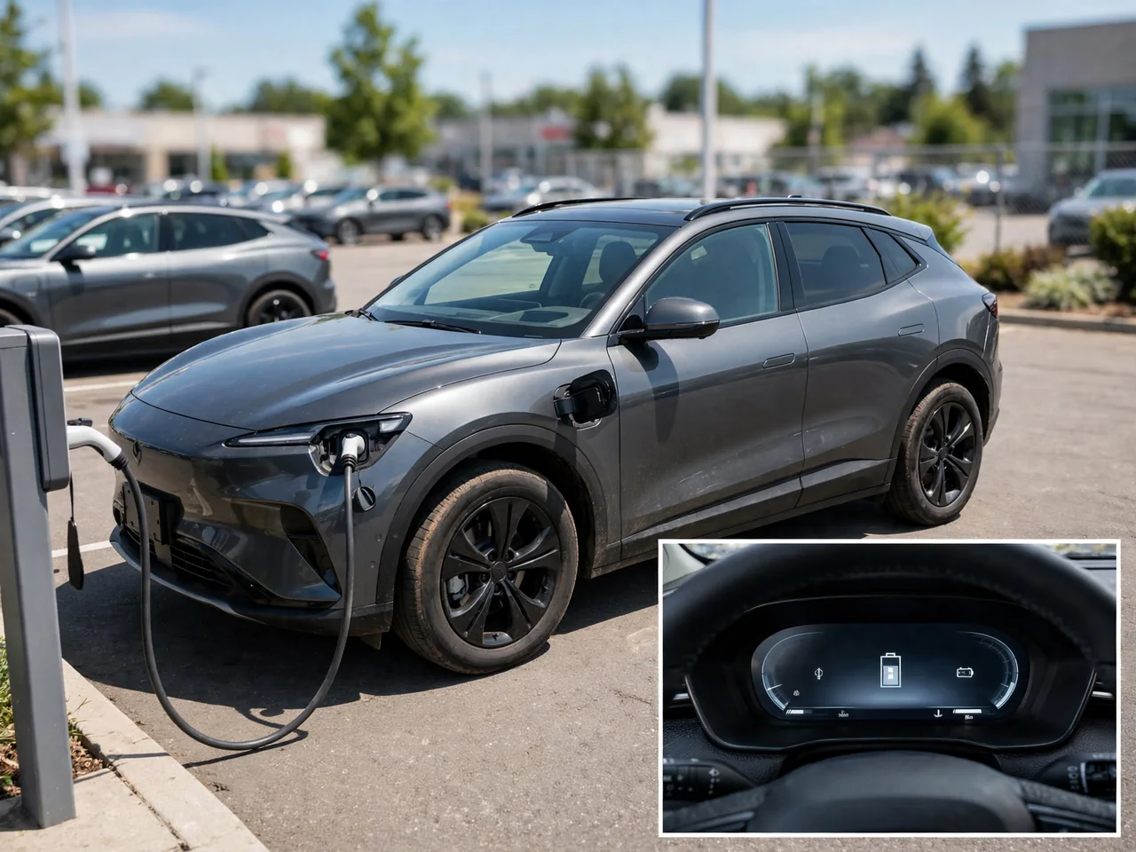 Used electric crossover plugged into a charging station at a dealership, with its battery charge and range display shown