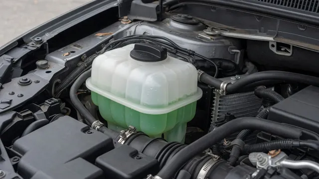 Coolant reservoir with a visible fluid level and minimum and maximum markings in a parked car
