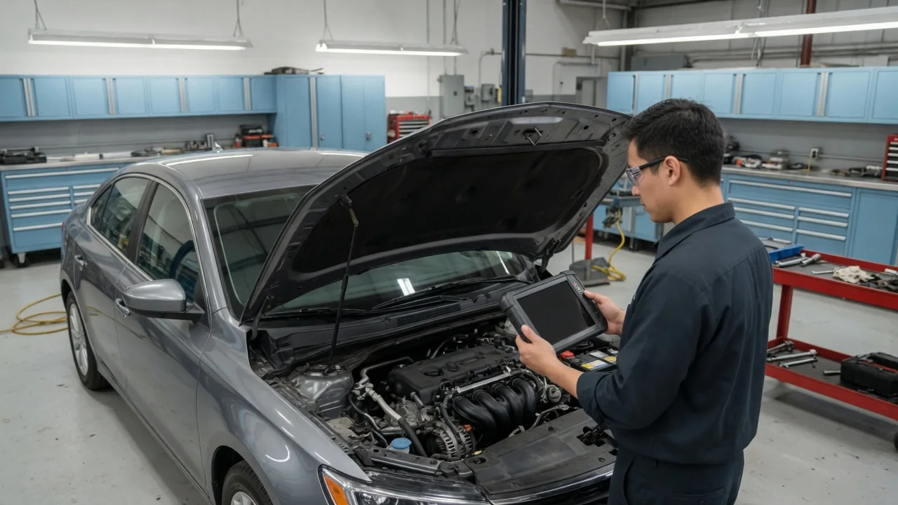 Technician reviewing transmission fault codes on a scan tool beside a parked vehicle