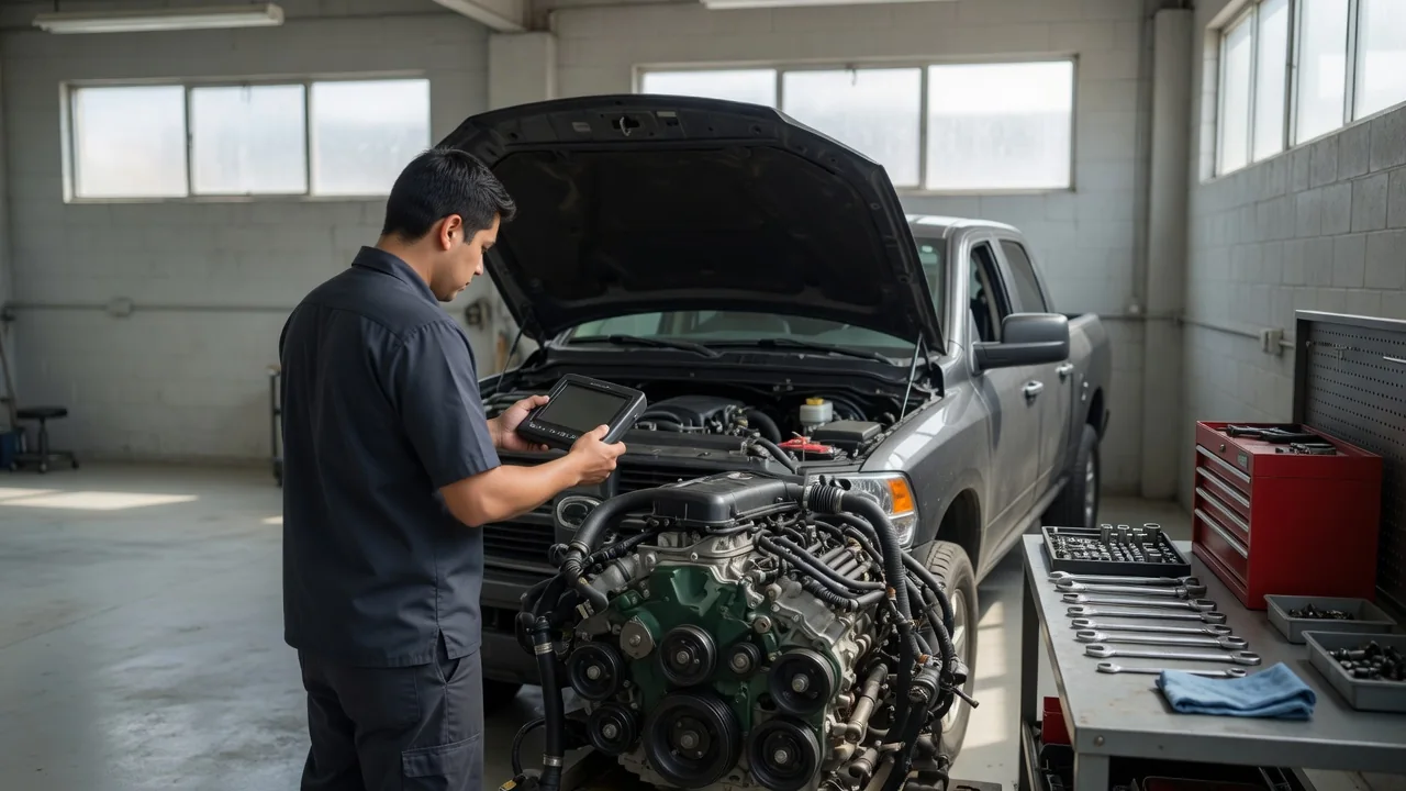 Technician reviewing cylinder contribution readings on a scan tool beside a diesel engine