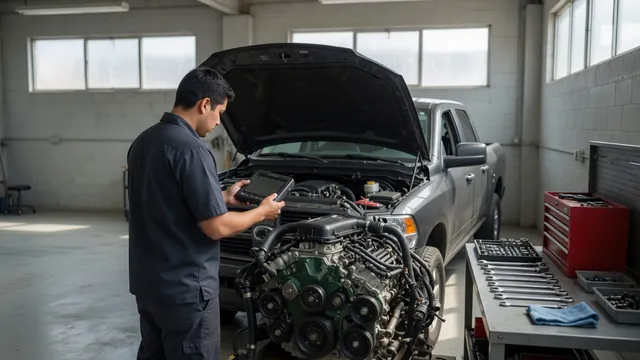 Technician reviewing cylinder contribution readings on a scan tool beside a diesel engine