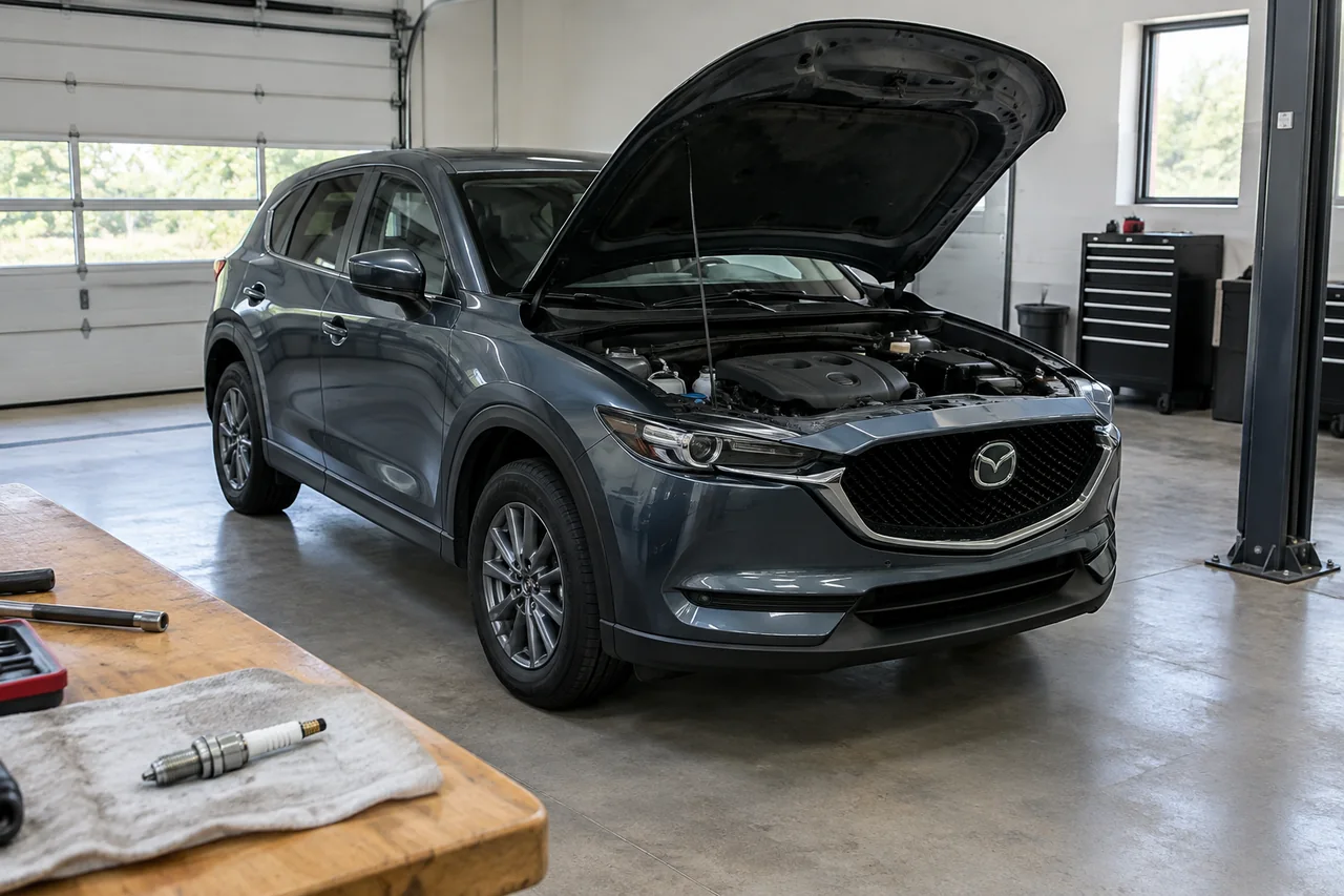 Mazda CX-5 with its hood open and a new spark plug on a nearby clean workbench