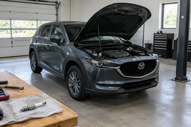Mazda CX-5 with its hood open and a new spark plug on a nearby clean workbench