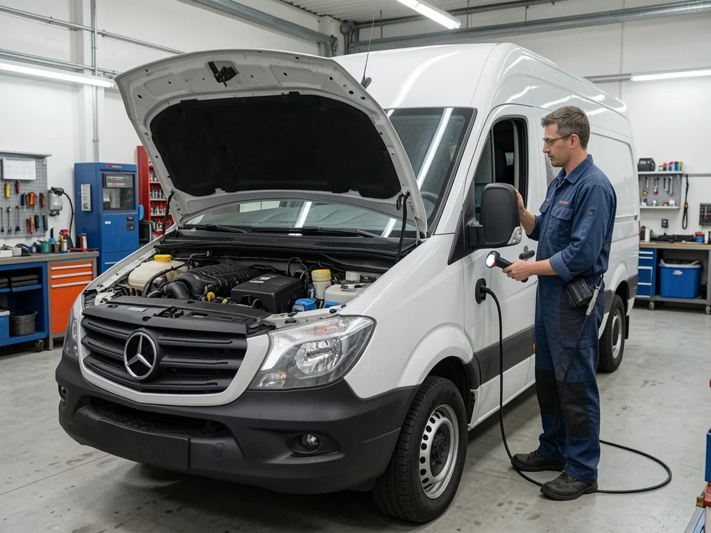 Technician inspecting the EGR area in a Mercedes Sprinter diesel engine bay