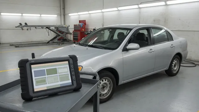 Diagnostic scan tool beside a parked vehicle with P1005, P1006 and P1008 displayed on its screen