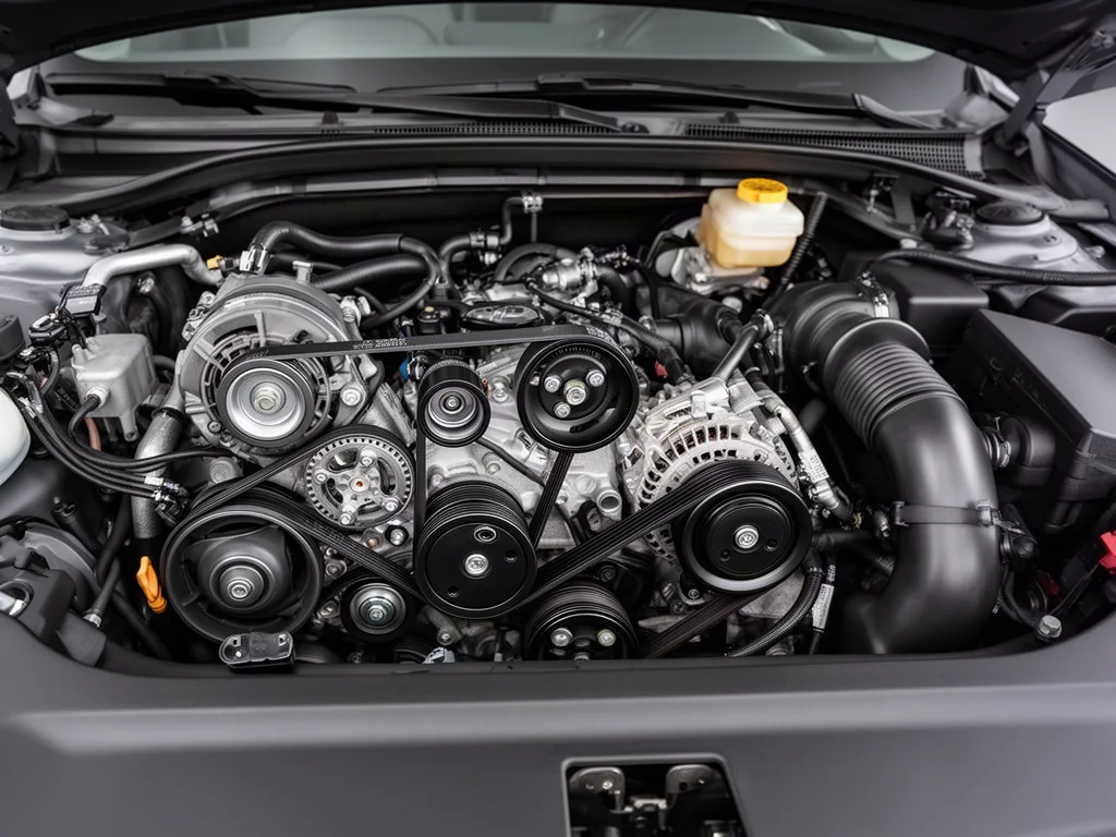 Serpentine belt and accessory pulleys in a Jeep engine bay with the engine off