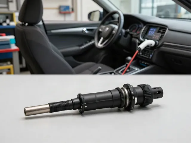 Oxygen sensor with its protective metal tip and electrical connector visible on a clean workbench