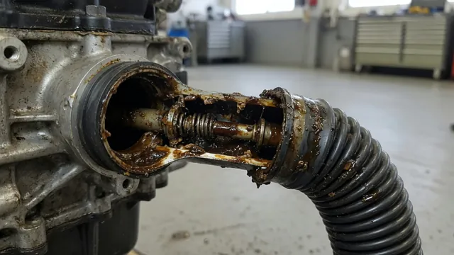 Illustration of a PCV valve with oily deposits and its connection to the engine ventilation hose