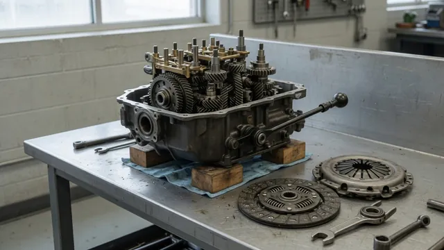Manual transmission on a workshop bench with gears, shift linkage, and clutch components visible