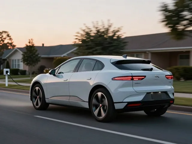 Jaguar I-Pace electric SUV slowing on a suburban road at dusk, showing regenerative braking in use