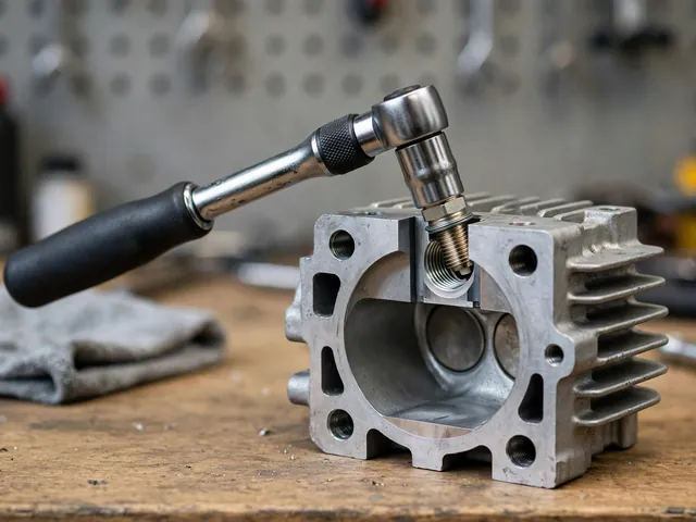 Torque wrench beside a spark plug and a cutaway illustration of cylinder head threads