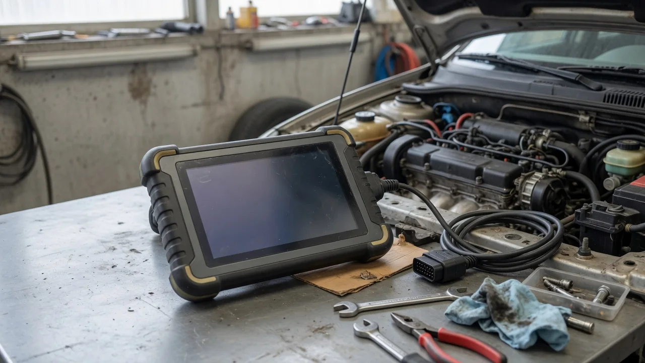 Diagnostic scanner displaying P1168 beside a vehicle identification worksheet