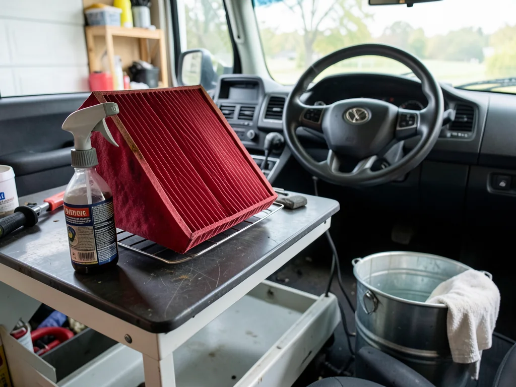 Reusable cotton air filter drying on a workbench next to a filter cleaner spray bottle and filter oil