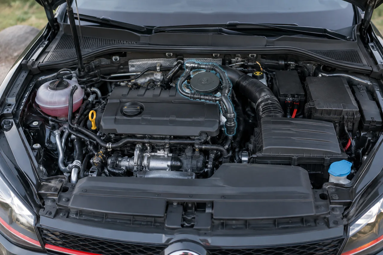 VW GTI engine bay with the crankcase ventilation assembly highlighted for identification