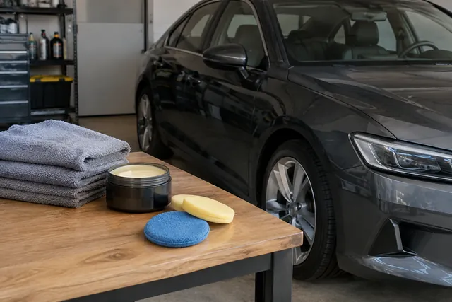 Car wax, foam and microfiber applicators, and clean buffing towels arranged beside a car