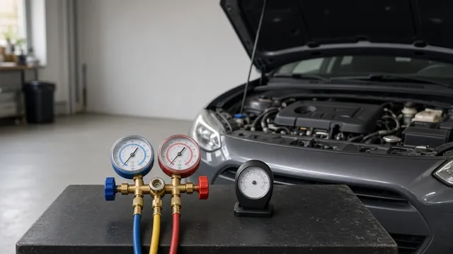 Automotive AC manifold gauges with labeled high- and low-side dials beside an ambient thermometer