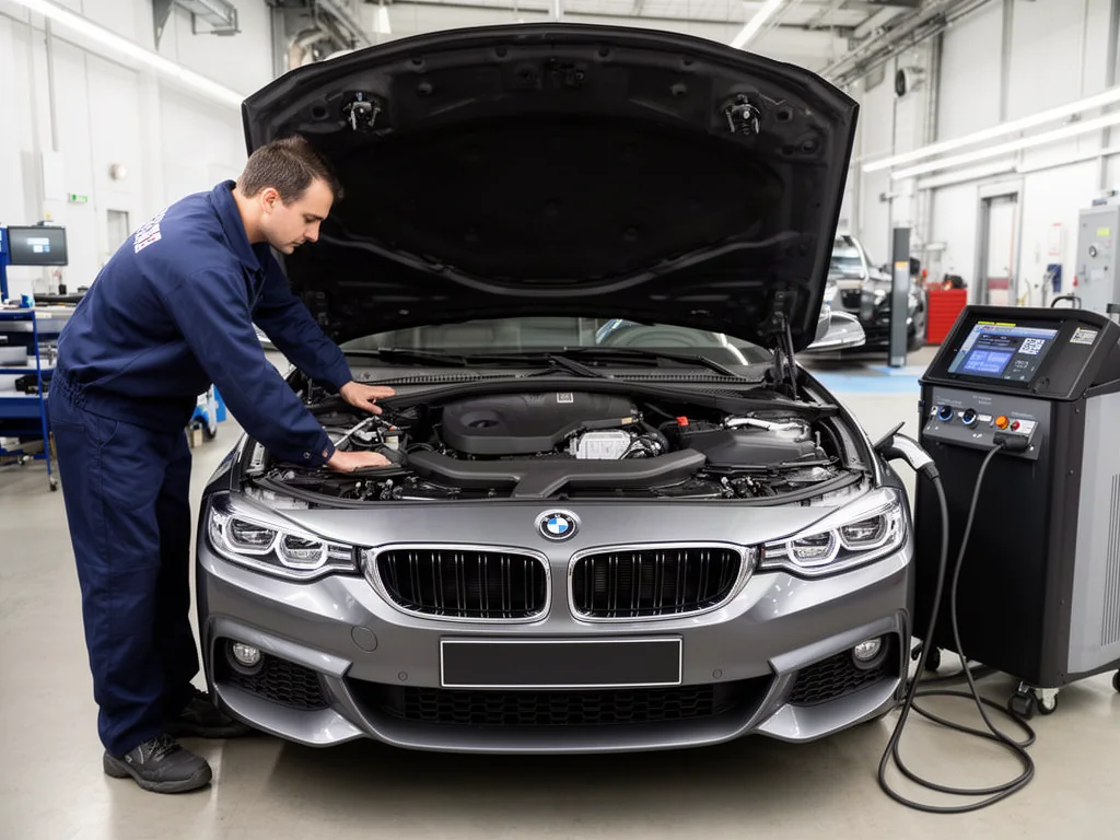Technician inspecting a BMW engine bay with diagnostic equipment nearby