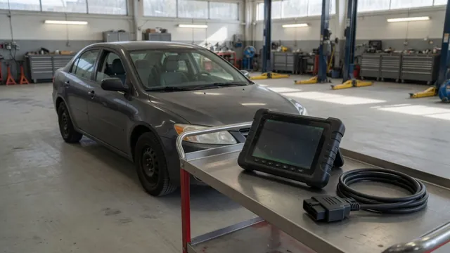 Diagnostic scan tool displaying P1078 beside a parked vehicle in a repair shop