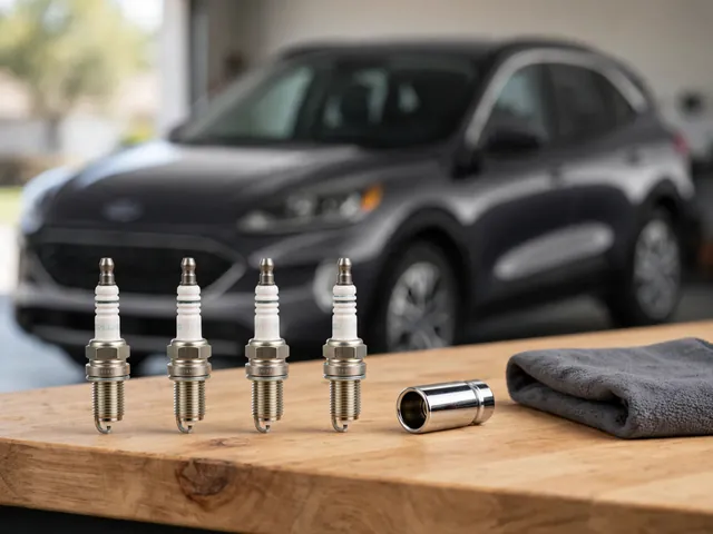 Spark plugs and a spark plug socket arranged on a clean workbench beside a Ford Escape