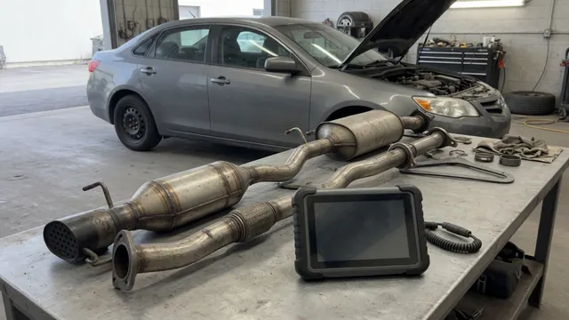 Diagnostic scan tool beside a vehicle with an exhaust pressure control valve fault