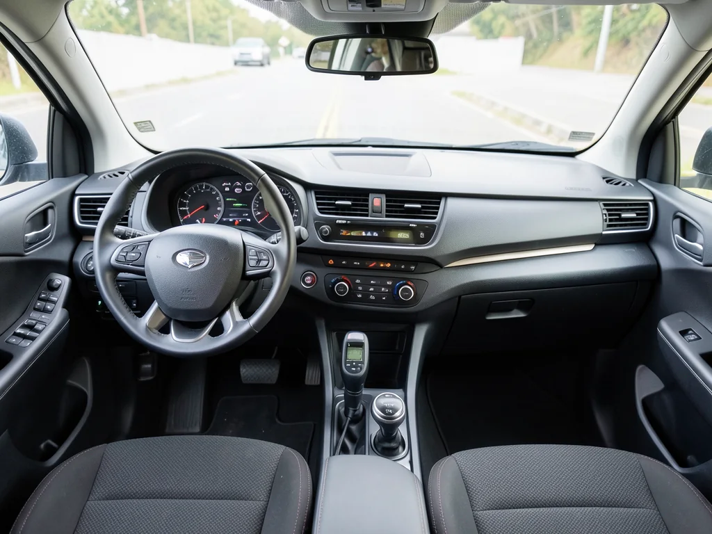 Hybrid vehicle dashboard with warning indicators and a diagnostic scanner beside the steering wheel