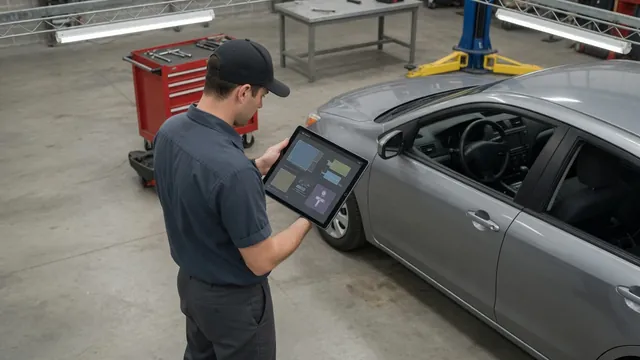 Technician reviewing vehicle identification and module programming information on a diagnostic tablet