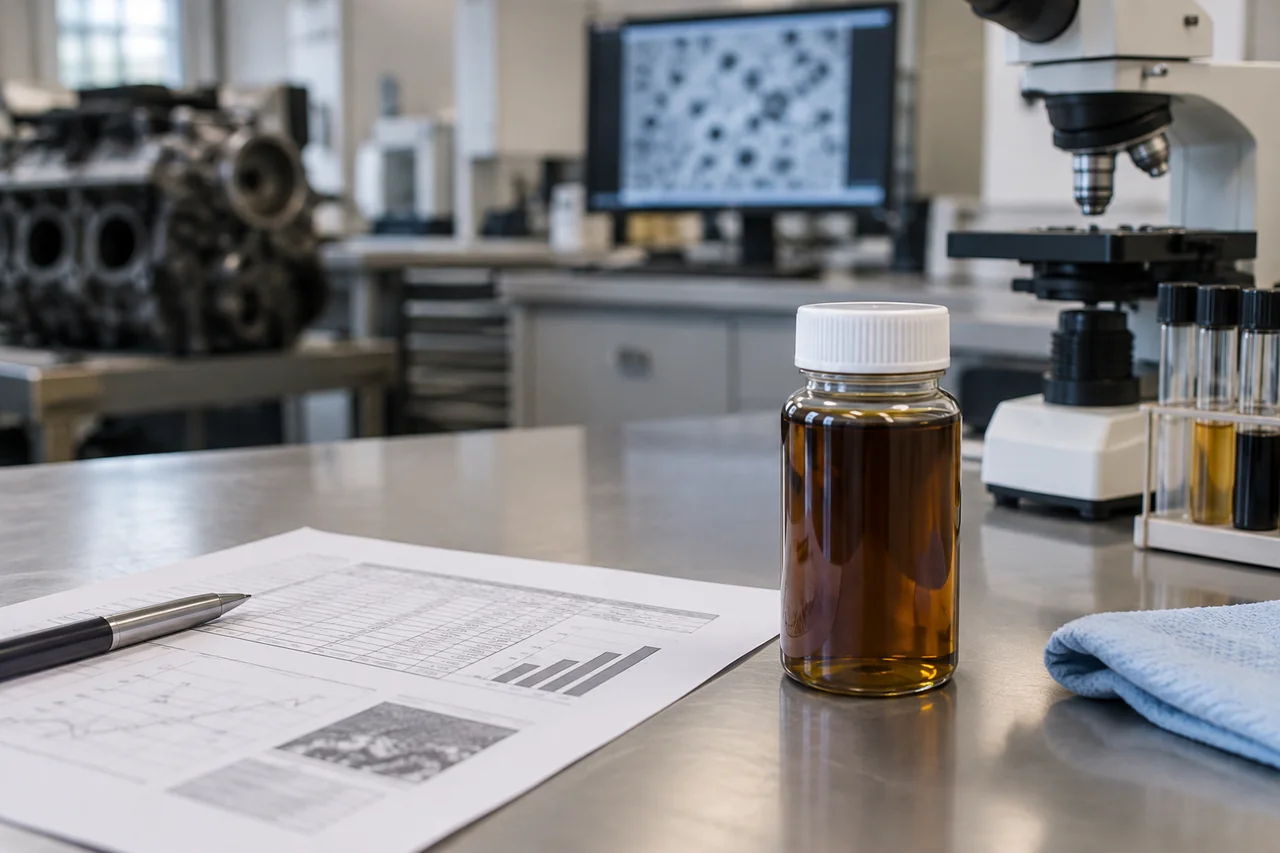 Labeled used engine oil sample bottle beside a laboratory report showing wear metals and fuel dilution