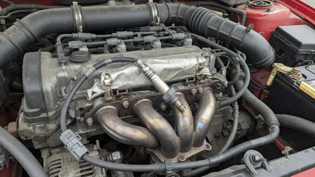 Engine bay illustration highlighting the Bank 2 upstream oxygen sensor and its wiring connector