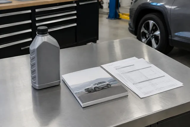 Unbranded transmission fluid bottle beside a Toyota owner's manual and service paperwork
