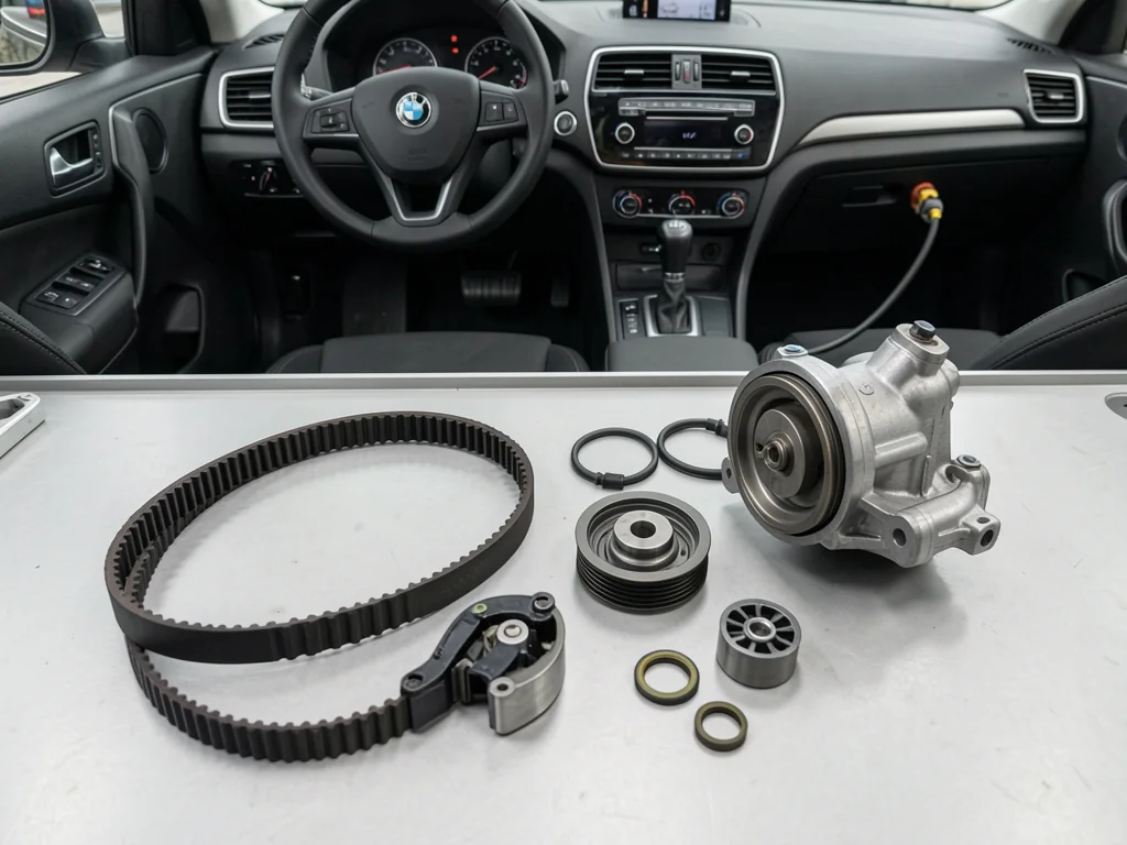 Timing belt kit components arranged on a clean workbench, including a tensioner, idler pulleys and water pump.