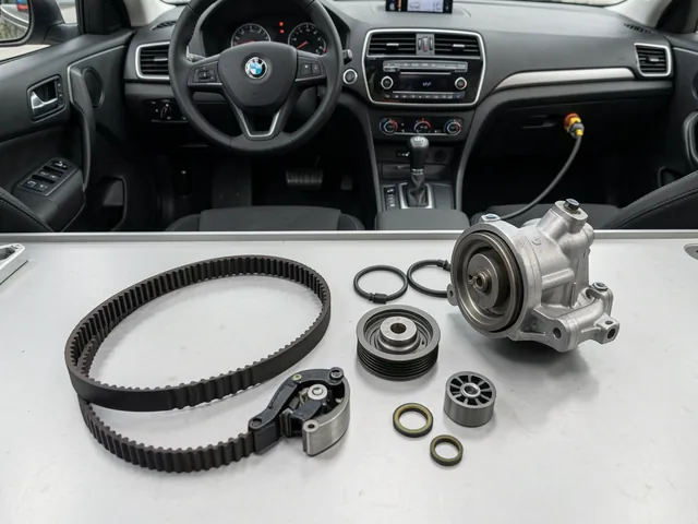 Timing belt kit components arranged on a clean workbench, including a tensioner, idler pulleys and water pump.