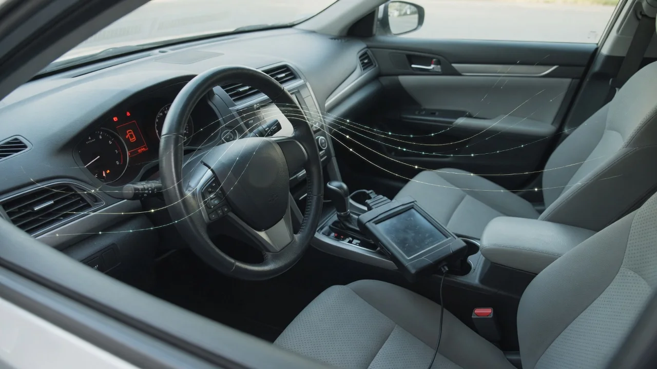 Dashboard steering and stability-control warning symbols beside a diagnostic scan tool