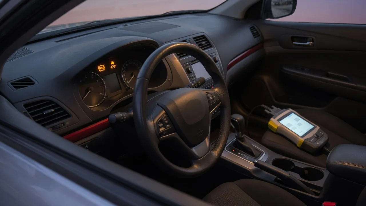 Car dashboard with the ABS and traction control warning lights on, and an OBD-II scan tool on the seat