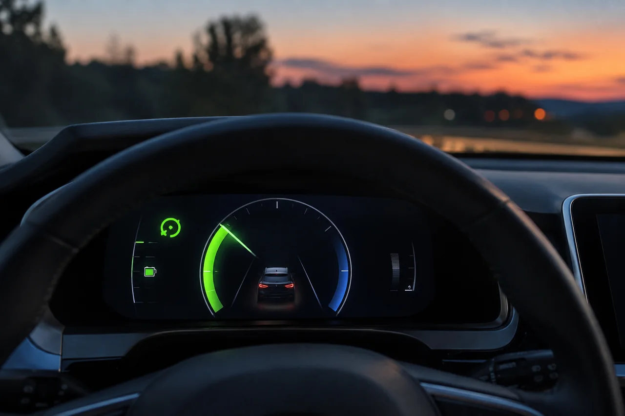 Electric car dashboard with the power gauge in the green charge zone and a regenerative braking icon lit up