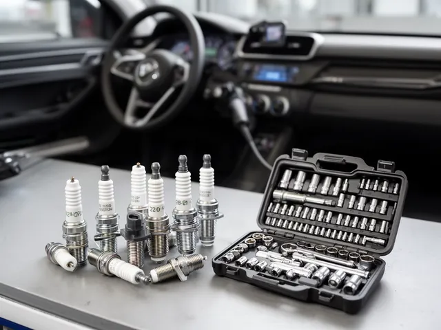 Spark plugs and an ignition coil arranged beside an open socket set on a clean workbench