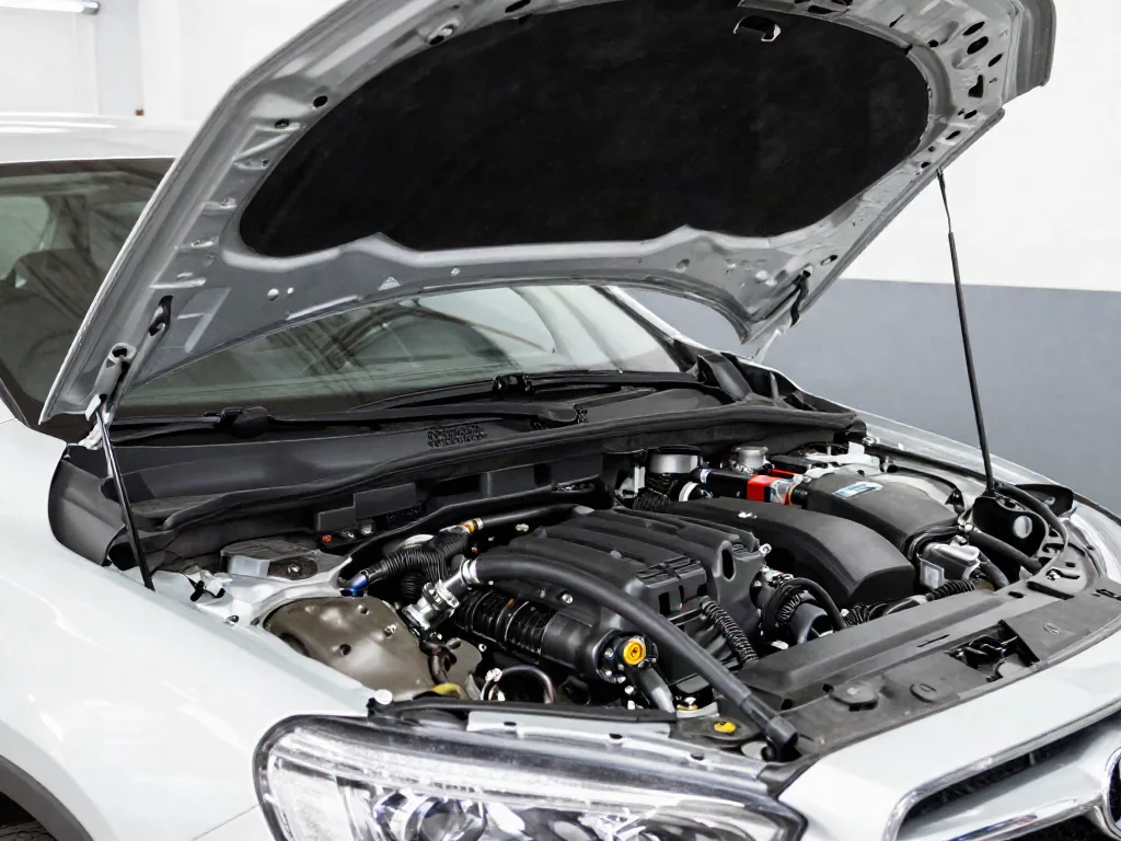 Automotive AC vacuum pump and service equipment beside a car in a professional repair bay