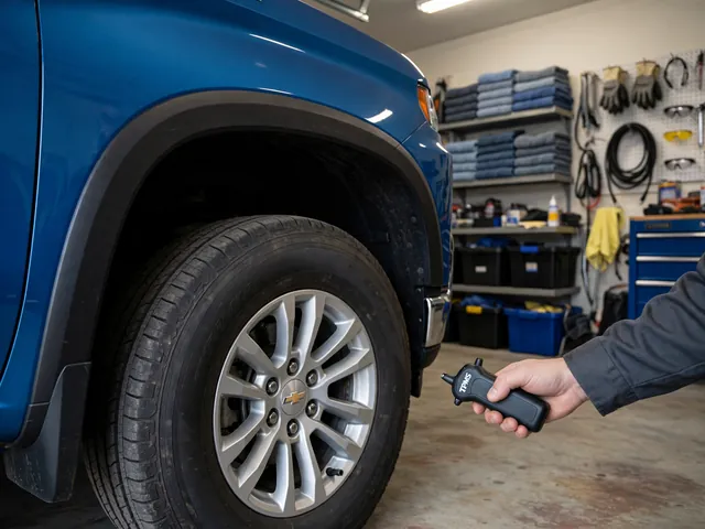 TPMS activation tool held beside a parked Chevrolet wheel near the tire valve stem