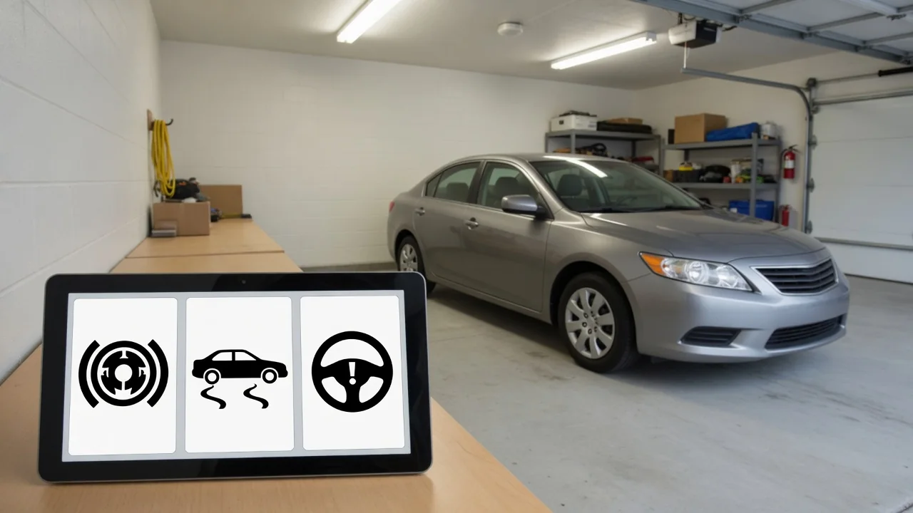 Illustration of ABS, stability control and steering warning symbols beside a parked Honda
