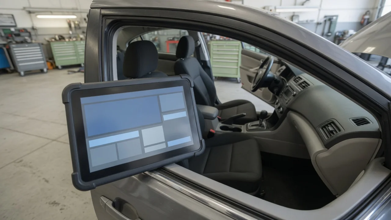 Diagnostic scan tool beside a vehicle dashboard displaying a communication fault
