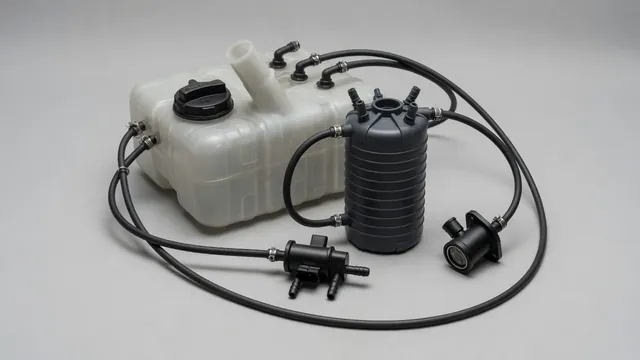 Illustration of an automotive EVAP system with fuel tank, vapor lines, charcoal canister, and control valves