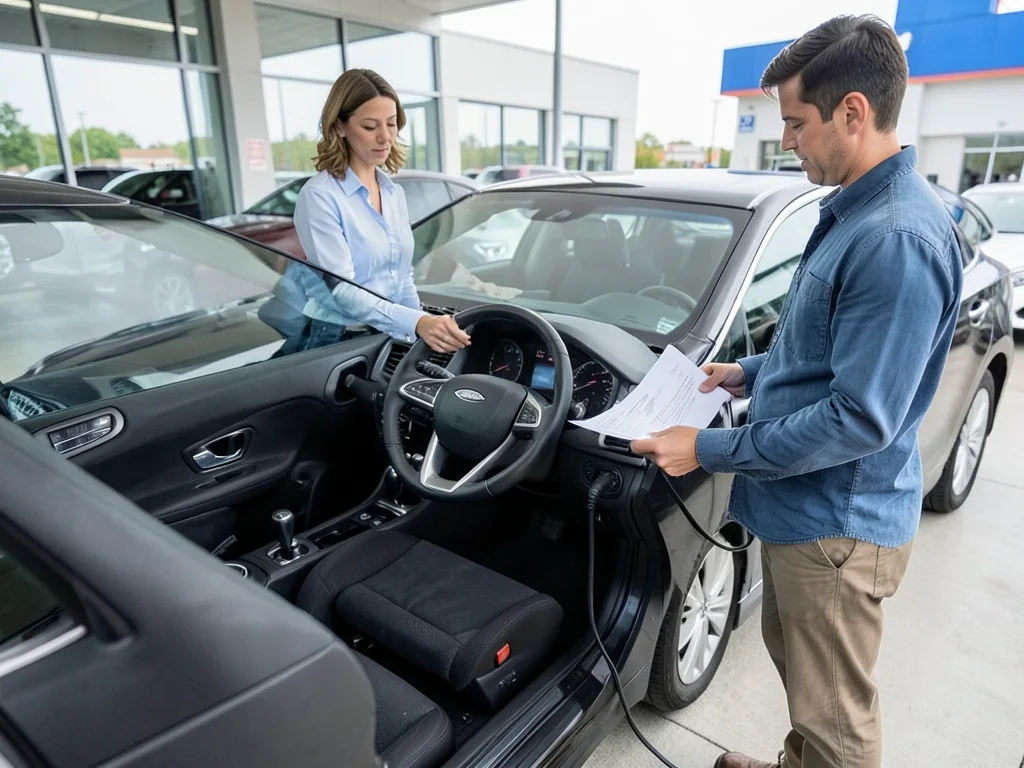 Used-car buyer reviewing sale documents beside a parked car at a dealership