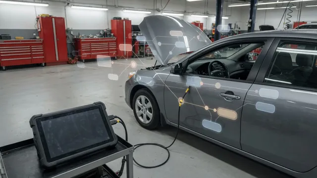Diagnostic scan tool beside a vehicle with a conceptual network of powertrain control modules
