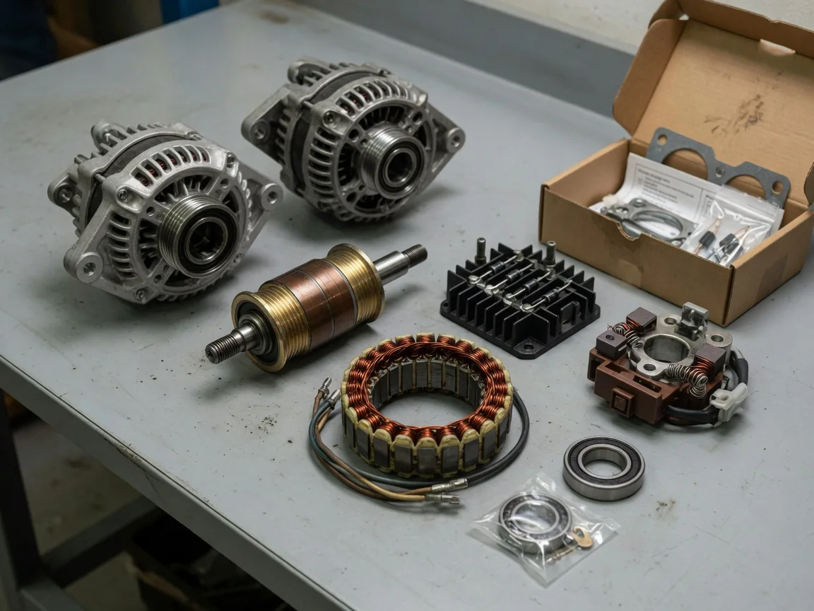 Disassembled car alternator on a workbench with rotor, stator, rectifier, brushes, and new bearings from a rebuild kit