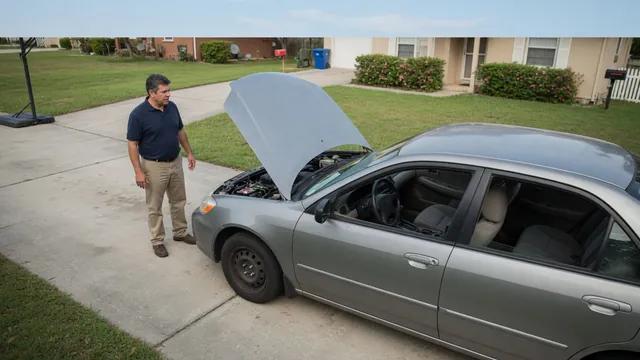 Driver listening near a parked car with its hood open, keeping clear of engine components