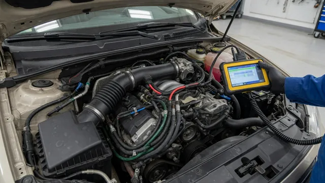 Technician holding an OBD-II scan tool near a car engine intake while diagnosing a P0171 lean code