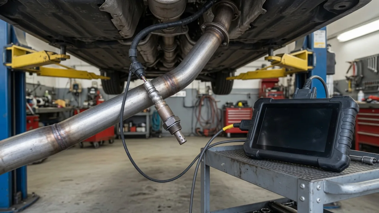 Illustration of an upstream oxygen sensor in an exhaust pipe with a diagnostic scanner nearby