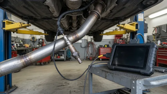 Illustration of an upstream oxygen sensor in an exhaust pipe with a diagnostic scanner nearby