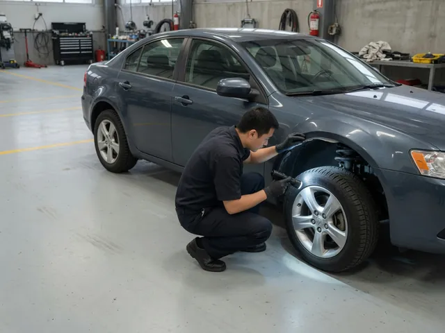 Technician inspecting a car’s wheel area with a flashlight in an automotive workshop