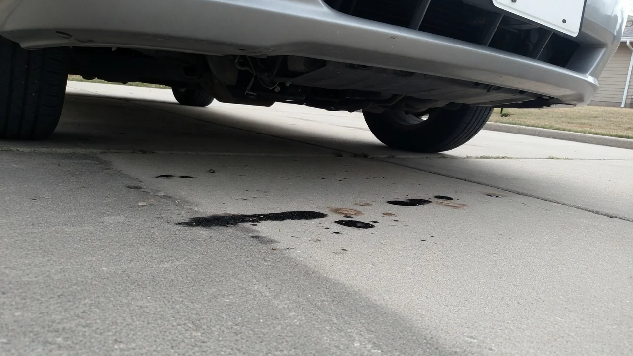 Small oil spots on a driveway beneath the front of a parked car