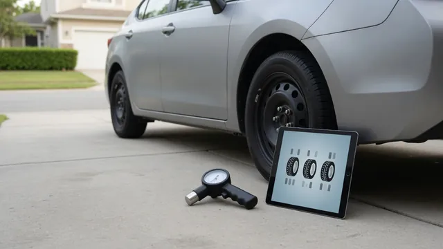 BMW parked with a tire pressure gauge beside a wheel and a tire monitoring screen inset
